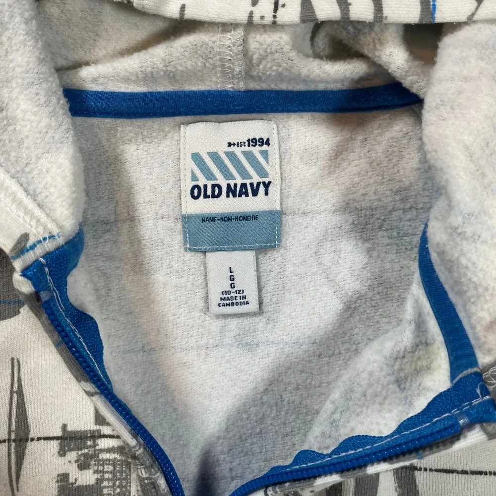 Y2K Old Navy Boys Large Graffiti Sketchbook Zip Up Hoodie White Grey Skate Skul
